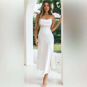 Wedding Dress. Pearl White Silk & Lace. Draped Neck. Open back.